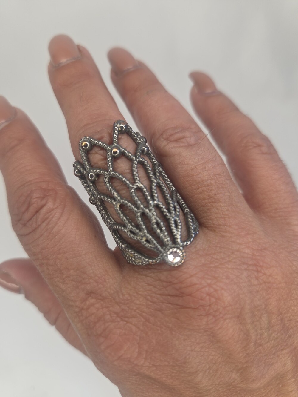 BCBG Statement Silver Filigree Long Cocktail Ring with Clear Crystal